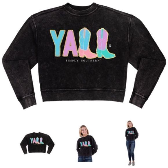 NWT Simply Southern Large Black Acid Washed Cropped “YALL”‎ Crewneck Sweatshirt - Picture 2 of 7